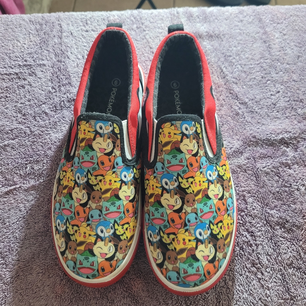 Pokemon Red and Black Kids Slip-On Sneakers Size 6
